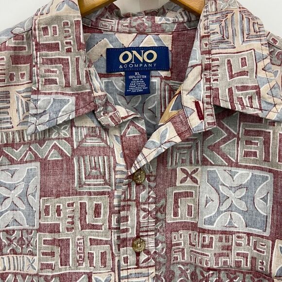 Red Gray Tan Tapa Quilt Design XL Ono Shirt by Liberty House Vintage - Picture 5 of 6